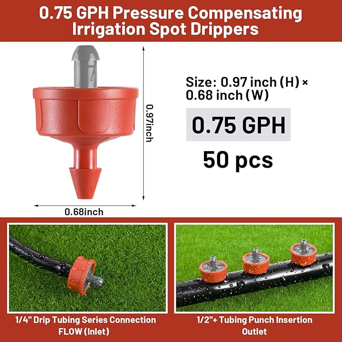 50 PCS 0.75 GPH Pressure Compensating Drip Irrigation Spot Watering Dripper, Balanced Flow Drip Irrigation Emitters Heads Irrigation Drippers Parts for Indoor Outdoor Compact Plant Gardens