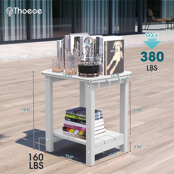 THOEOE Adirondack Outdoor Side Table, 2-Tier Sturdy Patio End Table Weather Resistant, Morden Side Table for Patio, Pool, Porch, White