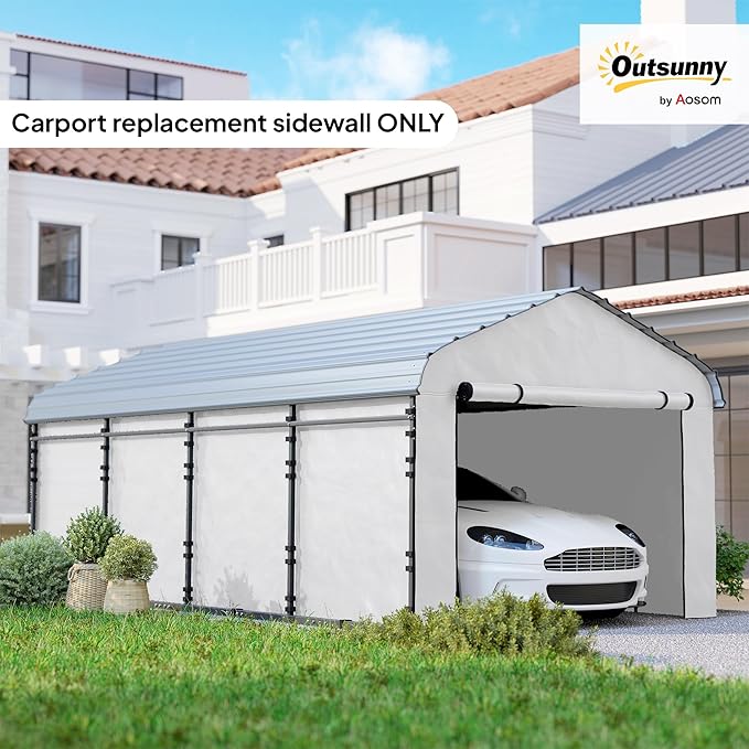 Outsunny Carport Replacement Sidewall Panels Set of 4 for 10' x 15' Carports, UPF50+ Waterproof PE Tarp Replacement Side Wall Cover with Zipper Door, Top Cover and Frame Not Included, White