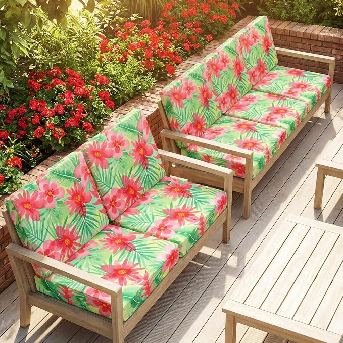 Newwiee 12 Pcs Patio Cushion Covers Outdoor Stretch Sofa Couch Cover Replacement Couch Slipcover Sofa Seat Chair Porch Patio Furniture Protector, Flexibility Washable(Red Green,Floral Leaf)