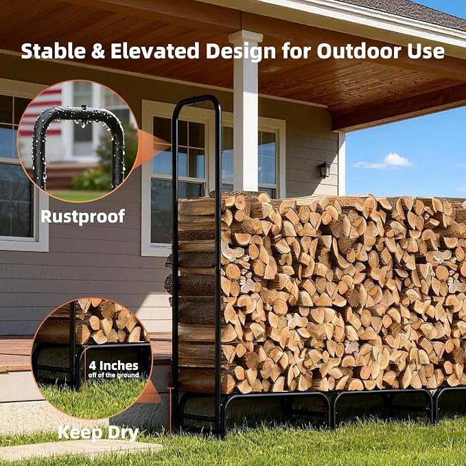 8FT Firewood Rack with Cover Outdoor, Heavy Duty Wood Storage Rack with 600D Oxford Waterproof Full Cover for Fireplace, Patio, Deck, 1/2 Cord Log Holder with Firewood Carry Bag