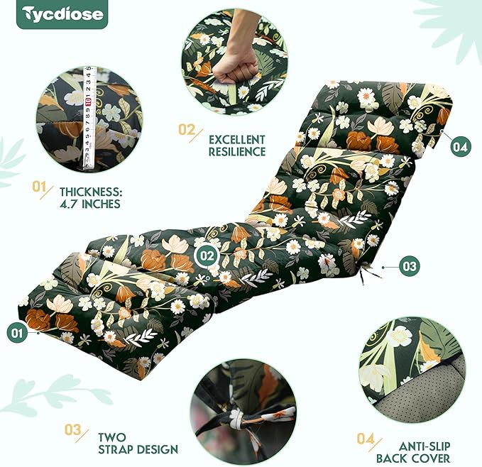 Outdoor Chaise Lounge Chair Cushion Set of 4, Waterproof 74.4 x 22 x 4.7 Inches Memory Foam Thickened Lounge Chair Cushions Replacement for Outdoor Furniture with Ties, Green Floral