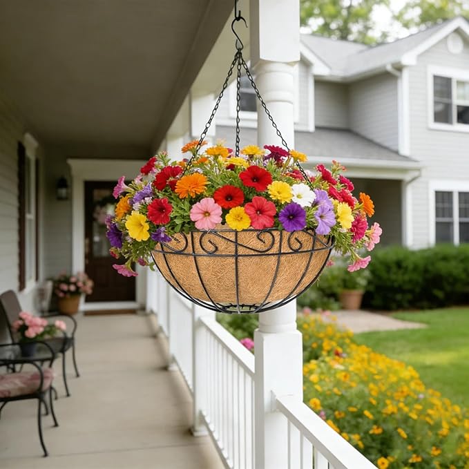 4 Pack 12 Inch Hanging Baskets for Plants Outdoor Metal Hanging Planter Basket with Coco Coir Liner Hanging Flower Baskets Hangings Flower Pots Holder for Garden, Patio(Flower)