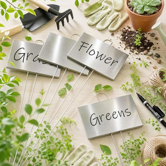 Landhoow 30 Pcs Large Garden Plant Markers Metal Plant Labels Sign 4'' x 6'' with 21'' Stake Weatherproof Waterproof Garden Sign for Outdoor Tree Seedlings Herbs Vegetable Greenhouse, Silver