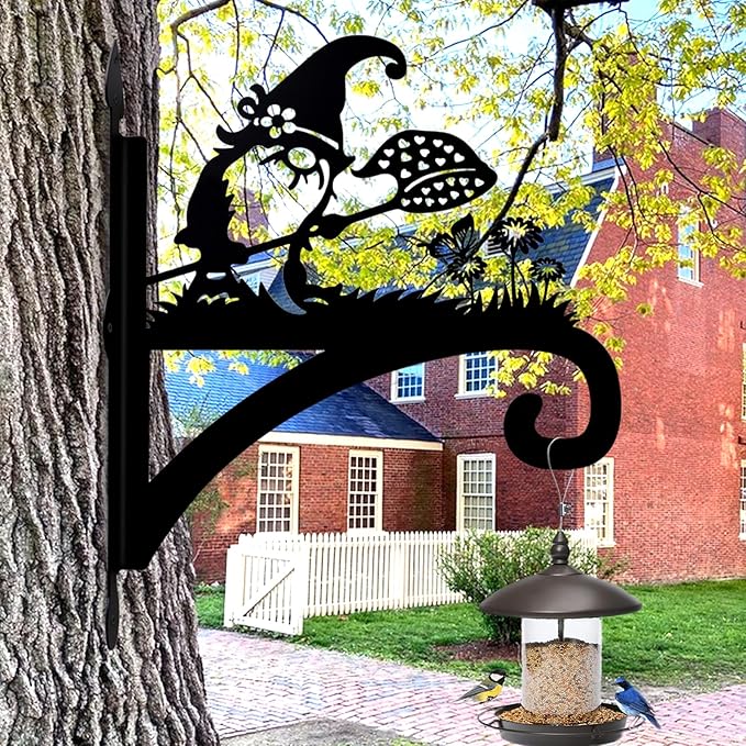 Hanging Plant Bracket Heavy Duty Iron Ornamental Gnome Silhouette Hanging Plant Hangers Outdoor 12 inch Basket Bracket Hook Wall Mounted for Flower Pot, Lantern, Bird Feeder, Wind Chimes