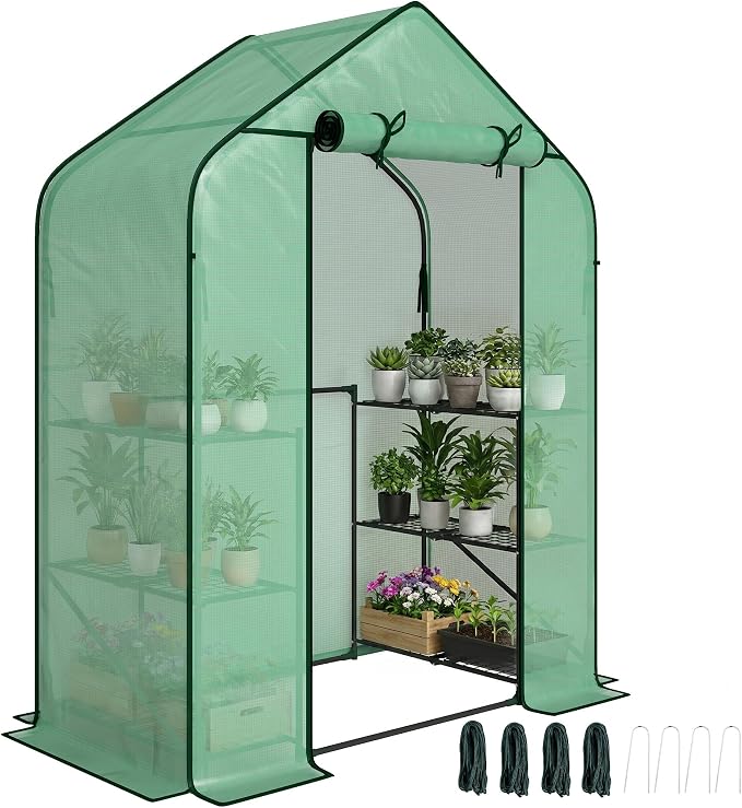 Outsunny 4.7' x 2.3' x 6.2' Small Greenhouse for Outdoors, 3 Tiers 6 Shelves, Portable Greenhouse with UV-Resistant PE Cover, Walk-in Green House with Roll-Up Door, Green