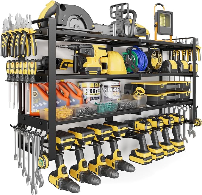 Jusgym Power Tool Organizer Wall Mount |450lbs Garage Tool Storage Rack with 8 Cordless Drill Holder |4-Tier 32''W Heavy Duty Garage Organization |Gifts for Men