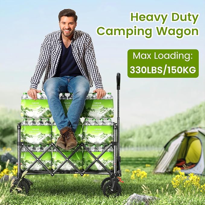 Blomoba Collapsible Wagon Cart with Wider Wheels, 330lbs Heavy Duty Foldable Beach Wagon with Auto-Rebound Handle, 180L Utility Grocery Shopping Cart for Garden, Shopping, Camping, Sports, Gray