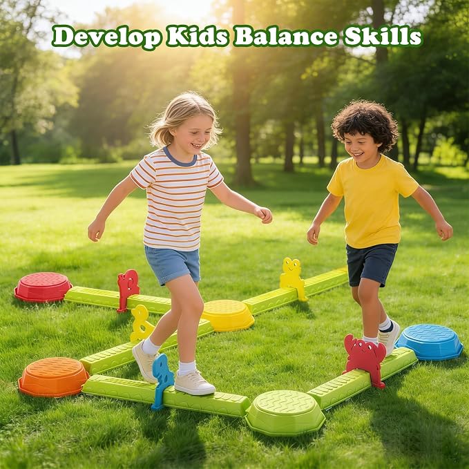 VROGTIK Stepping Stones for Kids, 15 Piece Balance Beams Toddler Stepping Stones Obstacle Course Sensory Toys with Game Spinner and Card for Indoor Outdoor Toys Gifts for 3 4 5 6 7 8 9 Years Old Kids