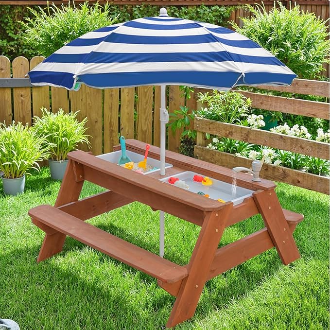 Kids 3-in-1 Sand & Water Table, Wood Outdoor Convertible Picnic Table w/Umbrella, 2 Trays, Removable Top with Faucet, Picnic Table for Outdoor Playset (Brown/Navy)