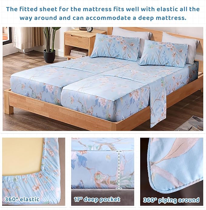 QSH 100% Cotton Floral Sheets for Split King Size Bed, Blue Flowers Plant Pattern Botanical Luxury Cotton Printed Floral Bedding Split King Sheet with Deep Pockets 17" Soft and Breathable 5pcs