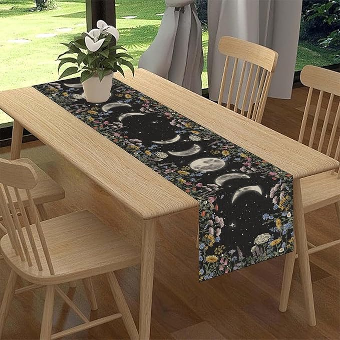 Floral Moon Table Runner, Boho Rustic Spring Flower Moon Phase Seasonal Garden Mystical Gothic Coffee Table Center Decor for Family Kitchen and Living Outdoor Farmhouse Table Decorations, 13"x72"