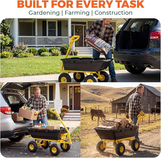 Sekey 1000lbs Garden Dump Cart for Seniors, Capacity Yard Wagon with Rubber Tires, Quick-Release Dumping & Easy-Maneuver Handle for Soil, Rocks, and Firewood, Black