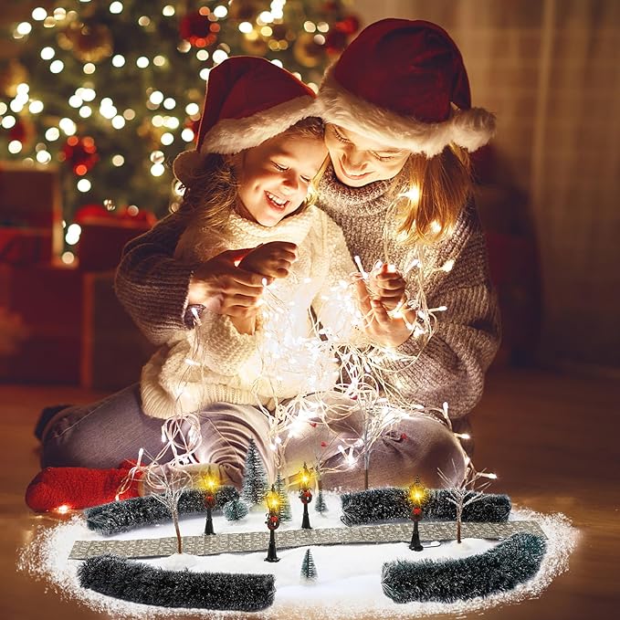 Hotop 18pc Christmas Village Accessories 47.2 Inch Village Roads Mini Snowy Trees Streets Light Lamppost Hedge Figurines Set for Display Winter Holiday Decorations DIY Crafts No Batteries(Joyous)