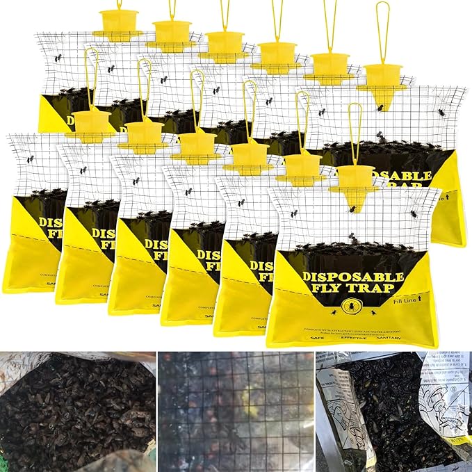 Glovv Fly Traps Outdoor Hanging with Fly Bait, 12 Pack Disposable Bags Hunter Ranch Trap, Flies Control Bug Catcher Killer Repellent for Stable Horse Barn & Farm