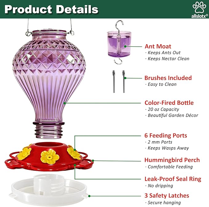 Glass Hummingbird Feeder for Outdoors Hanging, 20 oz Nectar Capacity, 6 Feeding Ports, Leak-Proof Rust-Free Plastic Base, Easy to Refill & Clean, Decorative Purple Glass Bird Feeder for Garden Patio
