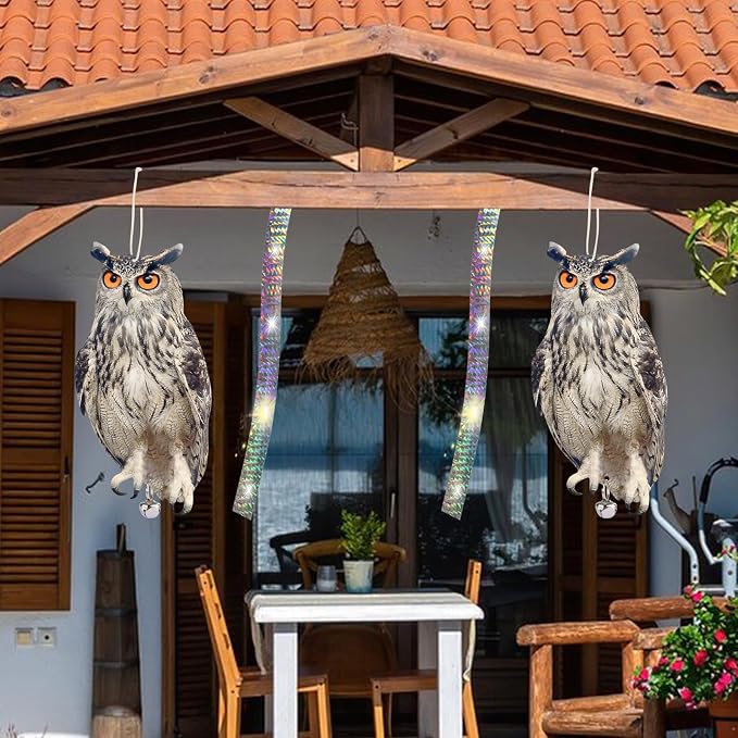 5PCS Hanging Effective Fake Owl Control Device Dual-Side Outdoors Owl with Reflective Tape for Patio Yard Outdoor Front Porch Backyard Windows