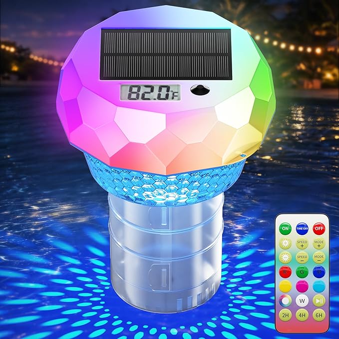 Ketom Solar Pool Chlorine Floater with Thermometer - Remote Control Floating Chlorine Dispenser with RGB Waterproof Pool Light Chlorine Tablet Floater 3 inch for Outdoor Swimming Hot Tub Spa