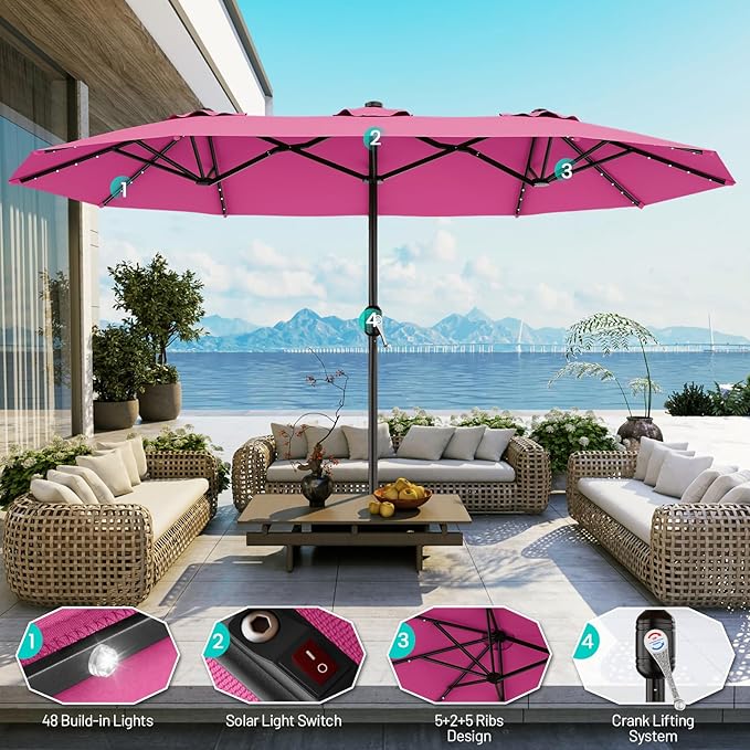 AreShark 15FT Patio Umbrella with Solar Lights, Double Sided Outdoor Table Umbrellas with Crank, Large Rectangular Market Umbrella for Porch, Lawn, Pool, Backyard, Rose Pink