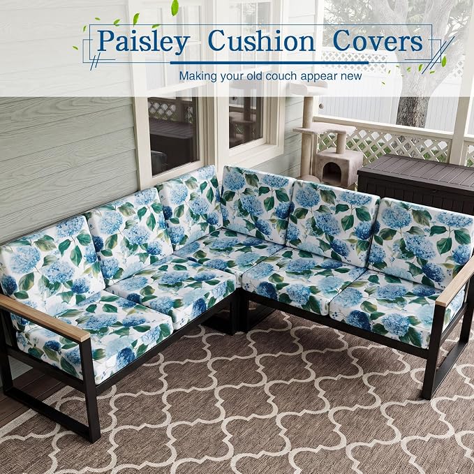 Newwiee 12 Pcs Patio Stretch Outdoor Cushion Covers Sofa Couch Cover Replacement Couch Slipcover Sofa Seat Chair Porch Patio Furniture Protector, Flexibility Washable(Blue Series,Hydrangea)