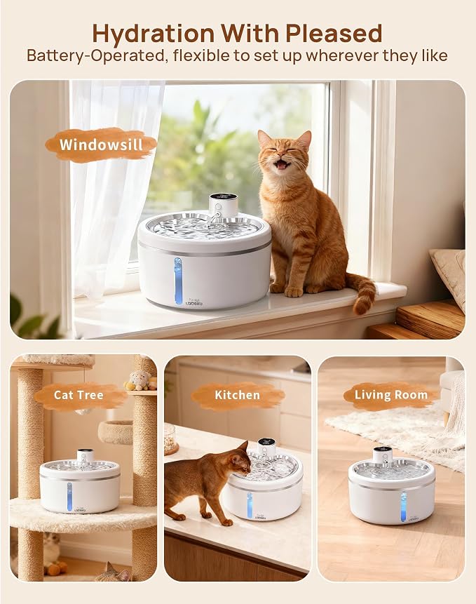 Wireless Cat Water Fountain [with Stainless Steel Tray], 84oz/2.5L Pet Fountain for Cats Inside, Cat Fountain for Drinking with Motion Sensor, Ultra Quiet for Small Animals-[BPA-Free]