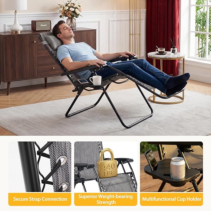 NEWBULIG Zero Gravity Chair Set of 4, Lounge Chair Folding Portable Adjustable Camping Reclining Chairs with Adjustable Pollow, Mesh Back, Cup Holder Trays Lawn Patio Chair for Pool Beach - Ash