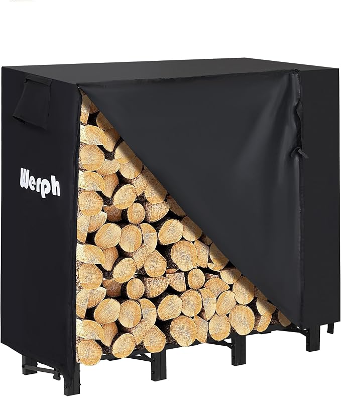Werph 4FT Firewood Rack Outdoor,Heavy Duty Firewood Storage Rack,Outdoor Firewood Rack with Cover,Wood Rack Log Rack for Outdoor & Indoors, Black