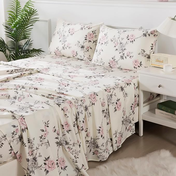 FADFAY Floral Sheets Set King Vintage Rose Floral Bedding Shabby Grey and Pink Peony Printed Sheets Farmhouse Bedding 800 Thread Count 100% Egyptian Cotton Deep Pocket Fitted Sheet 4Pcs, King Size