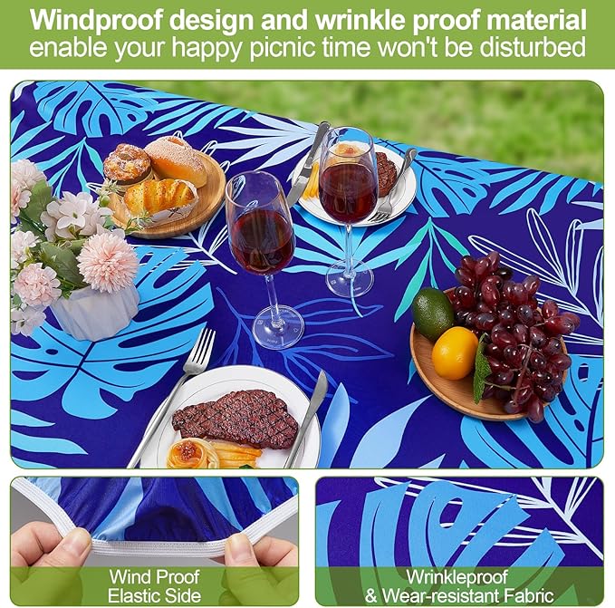 Play Tailor Picnic Table Cover with Bench Covers Camping Essentials Waterproof Windproof Camping Tablecloth with Drawstring Bag, Fitted Rectangle Tables and Seats, 96in, Dark Blue