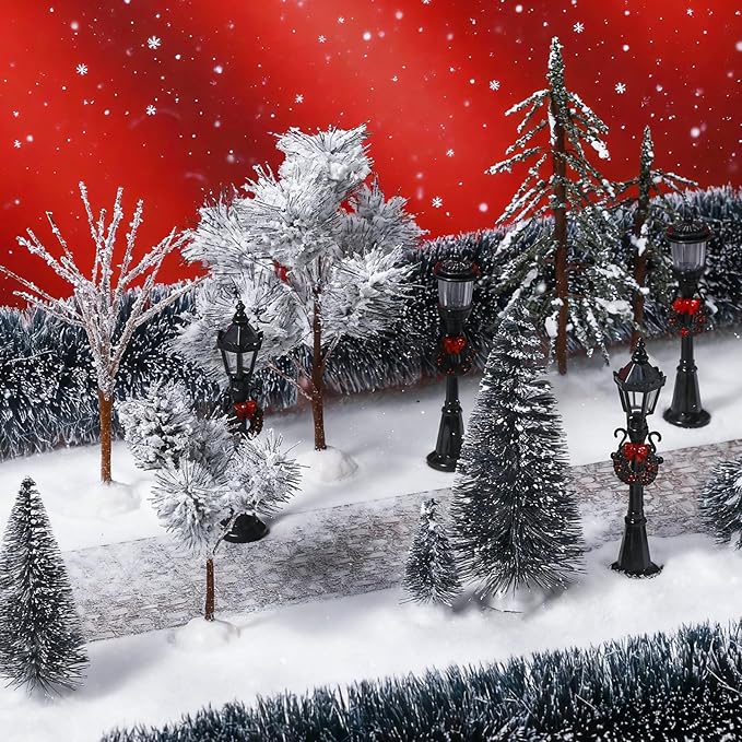Hotop 18pc Christmas Village Accessories 47.2 Inch Village Roads Mini Snowy Trees Streets Light Lamppost Hedge Figurines Set for Display Winter Holiday Decorations DIY Crafts No Batteries(Trendy)