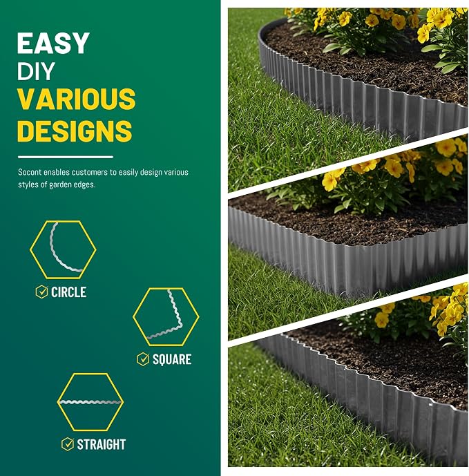 Corrugated Metal Garden Edging, 6"×20Ft Landscape Edging Border for Garden, Flower Bed, Lawn and Landscape Edging (Gun Silver)