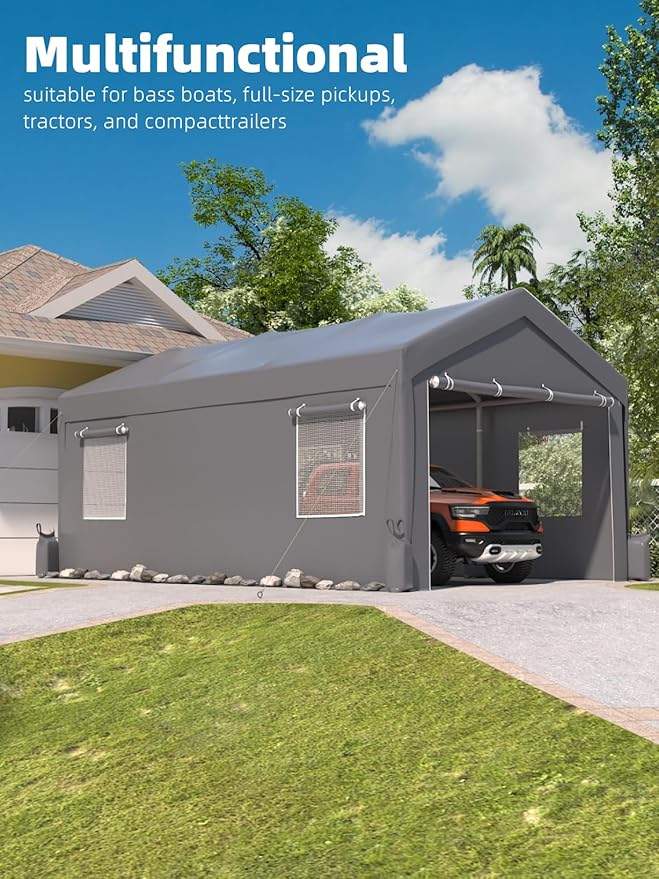 Hipicute 12x20x11 Ft Heavy-Duty Portable Garage with Canopy Top, Front and Back Doors, Roll-Up Windows, Carport Reinforced Structure for Cars, Trucks, Boats, and Parties - Gray.