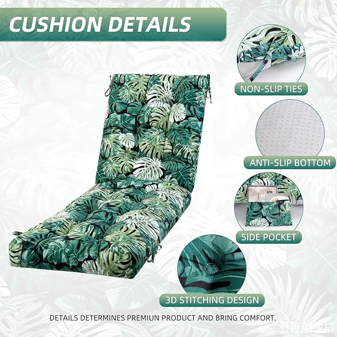 Patio Chaise Lounge Cushions, 68"x21"x4.5" Waterproof Replacement Beach Pool Lawn Outdoor Lounge Chair Cushion with Pocket, Non-Slip Bottom & Secure Ties for Outdoor Furniture, Monstera