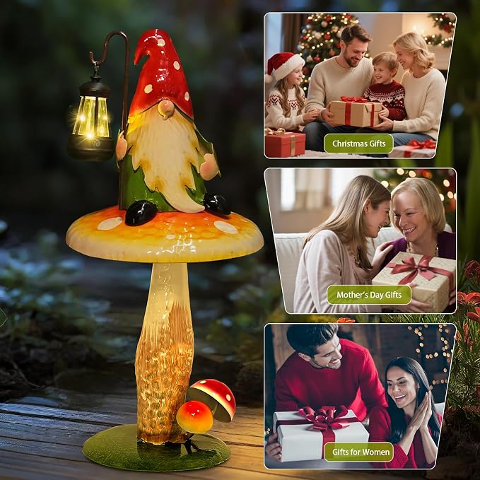 HONGLAND Solar Garden Gnomes Outdoor Statue, Waterproof Outdoor Mushroom Decor with Solar Lantern LED Lights for Yard, Patio, Lawn Ornaments, Ideal Gifts for Mom Grandm, Housewarming Gifts-16.5"