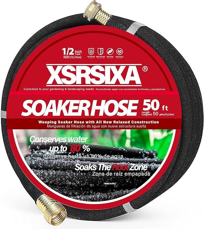 50FT Heavy Duty Soaker Hose – 1/2" Ultra-Flexible Rubber with Reinforced Core, 20% Stronger Stretch & Even Water Flow for Gardens, Lawns, Raised Beds (Drip Irrigation Hose)