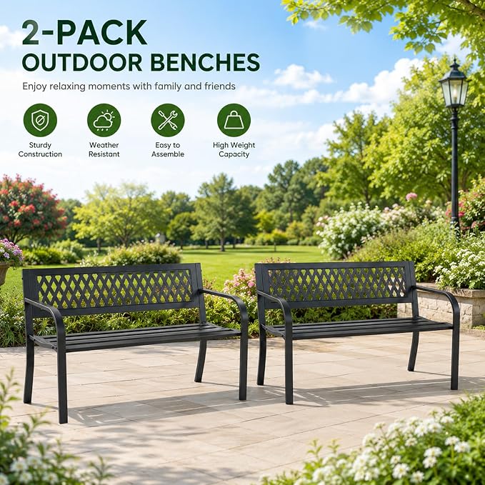 Outdoor Bench 2 Pack, 47" Garden Bench with Plastic Backrest | 2-Person Outdoor Seating Park Bench for Porch, Patio, Lawn, Deck and Entryway, Black