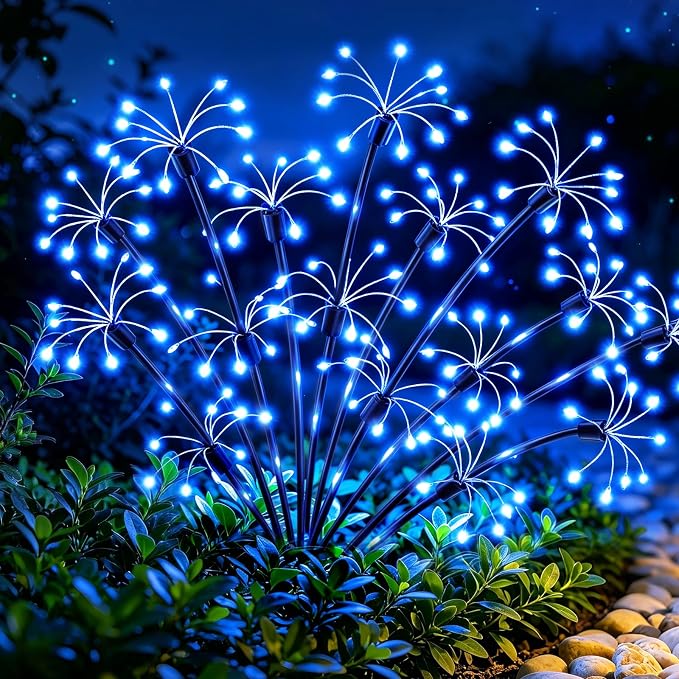 Solar Garden Lights Outdoor, 4 Pack 2-Layer Blue Solar Firework Lights, Waterproof Starburst Fairy Light Garden Decor for Yard Patio Pathway Lawn, Unique Gifts for Women Mom Grandma Mother's Day