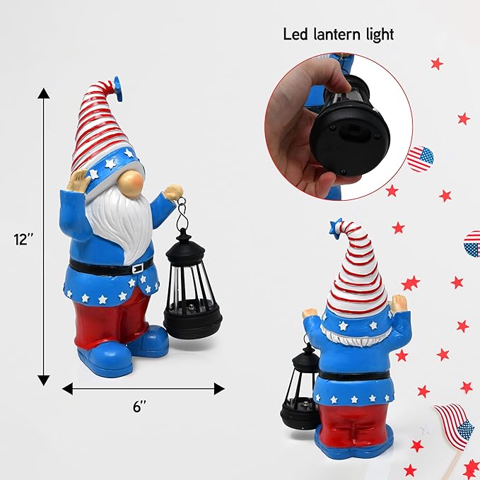 Gift Boutique Patriotic Gnome Decor with Lantern Red White Blue Garden Statue 11in Tall Indoor Outdoor Holiday Yard Decoration Memorial Day 4th of July Porch Accent