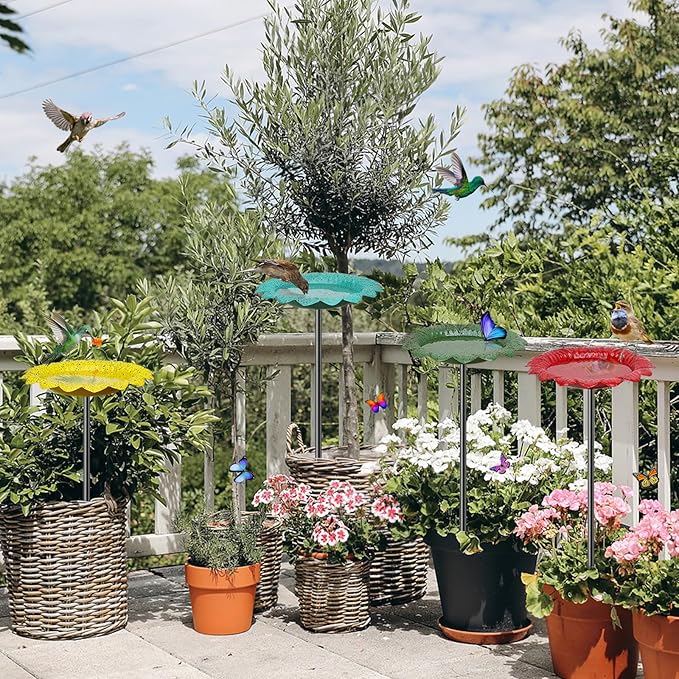 4 PCS Metal Bird Baths for Outdoors, Small Garden Bird Bath with Metal Stake, Hummingbird Feeder for Yard Lawn Decoration (4P-Red Yellow Blue Green)
