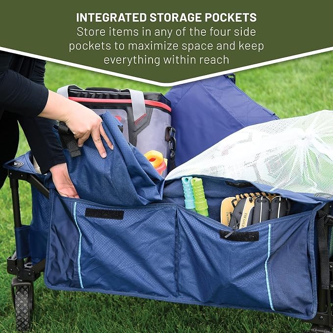 TIMBER RIDGE Tailgate Collapsible Folding Wagon Cart, Heavy Duty Utility Push Pull Beach Wagon Foldable, Outdoor Grocery Cart with Side Pockets for Camping, Garden, Shopping, Holds 225 lbs, Blue