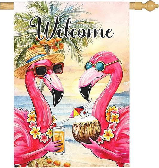 Welcome Garden Flag Flamingo Tropical Beach Scene Yard Flags Summer Coastal Island Double Sided Polyester Pink Flamingo House Flags for Lawn Pool Palm Tree Seaside Home Decor 28 x 40 Inch