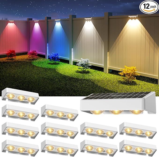 NIORSUN Solar Fence Lights, 12 Pack LED Outdoor Solar Deck Lights with Lenses, RGB Color, IP65 Waterproof, Solar Lights for Outside, Wall, Patio, Railing, Yard (White)