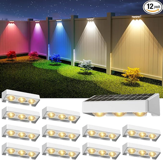 NIORSUN Solar Fence Lights, 12 Pack LED Outdoor Solar Deck Lights with Lenses, RGB Color, IP65 Waterproof, Solar Lights for Outside, Wall, Patio, Railing, Yard (White)