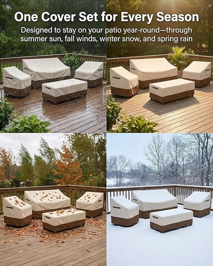 4-Piece Patio Furniture Cover Set, Waterproof Outdoor Furniture Covers for 3-Seater Sofa, Patio Chairs & Coffee Table, Heavy-Duty 600D, Fade&UV-Resistant, Breathable, All-Season Protection,Beige&Brown