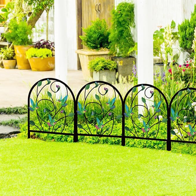 4 Pack Hummingbird Decorative Garden Fence Metal Hummingbird Design Metal Arch Garden Fence Border for Yard Patio Flower Bed Lawn Outdoor Landscape Decoration Animal Barrier Fence for Garden