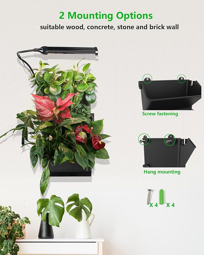 Wall Planters for Indoor Plants with Grow Light & Self Watering System, 6-Pot Vertical Garden for Herbs, Vegetables, Flowers, Succulents, Includes Screws & Expansion Pipes