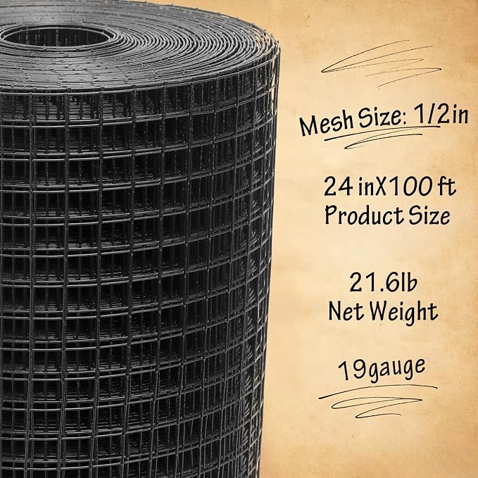 Black Hardware Cloth 1/2inx24inx100ft, Chicken Wire Fencing, 19Gauge, PVC Coated Chicken Wire, Hardware Cloth, Perfect for Chicken Wire Mesh, Rodent Mesh, Tree Guard, Chicken Coop