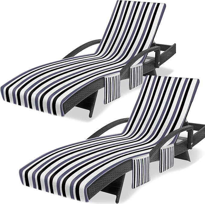 Lounge Chair Towel Cover, Beach Chair Covers (Pack of 2), Chaise Lounge Cover with 3 Pockets for Pool Beach Garden Courtyard Outdoor Trips, 85 x30 in, Striped Black Gray