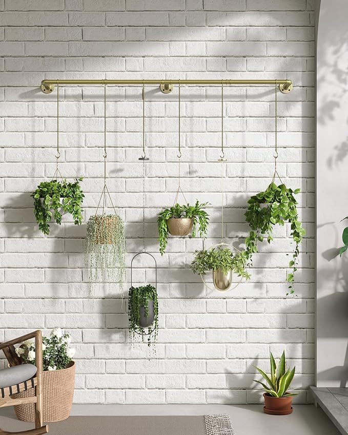 SOFITORG Plant Haning Rod, Hanging Planters for Indoor Plants with 6 Chains, Wall Plant Hanging Bar for Window Celling, 65.7 Inch, Metal Gold, Pots Not Included