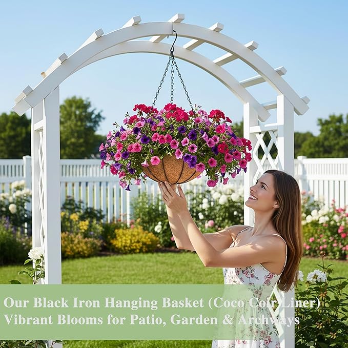 EIMQUVW Outdoor Metal Hanging Planters Basket (4pack, 16 inch) Hanging Baskets for Plants Chain Round Wire Plant Holder with Coco Fiber Liners for Garden, Patio, Deck, Porch